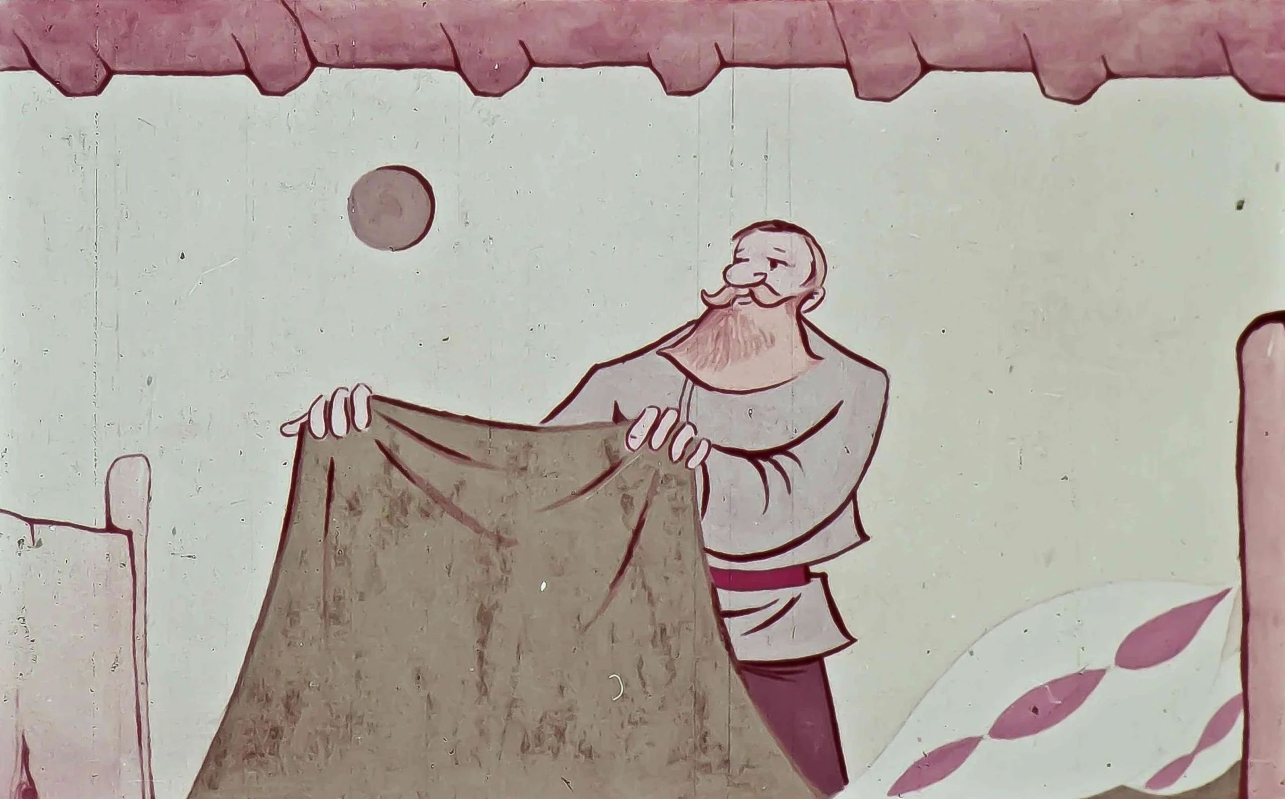 Ilustrație cu un bărbat care cere găzduire, având un peisaj rustic în fundal.