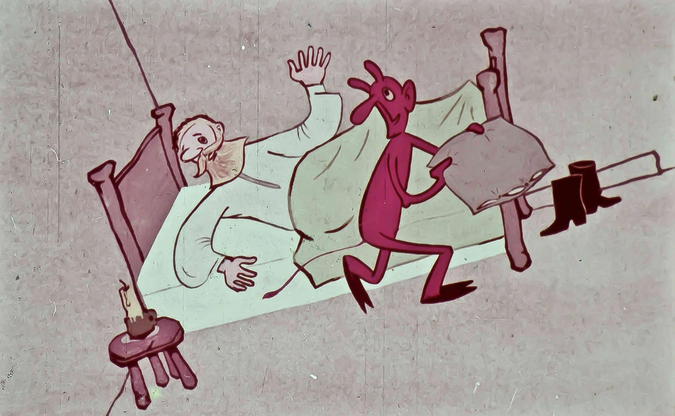 Ilustrație animată cu un bărbat în pat și un personaj colorat lângă el, discutând despre odihnă și semne de neliniște.