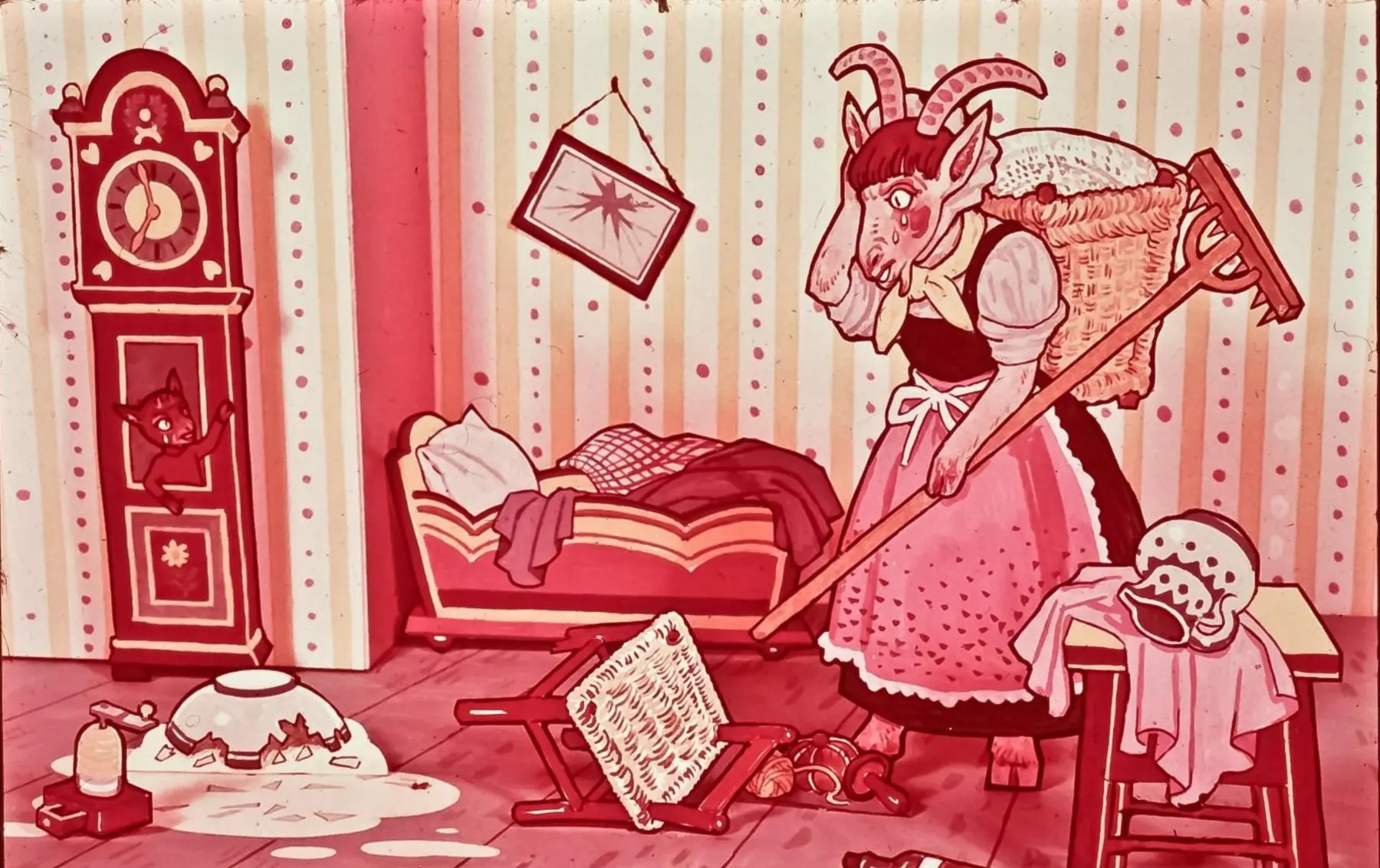 Ilustrație animată cu o figură antropomorfă cu cap de țap care face curățenie într-o cameră, un pat cu o persoană întinsă și obiecte dezordonate în jur.