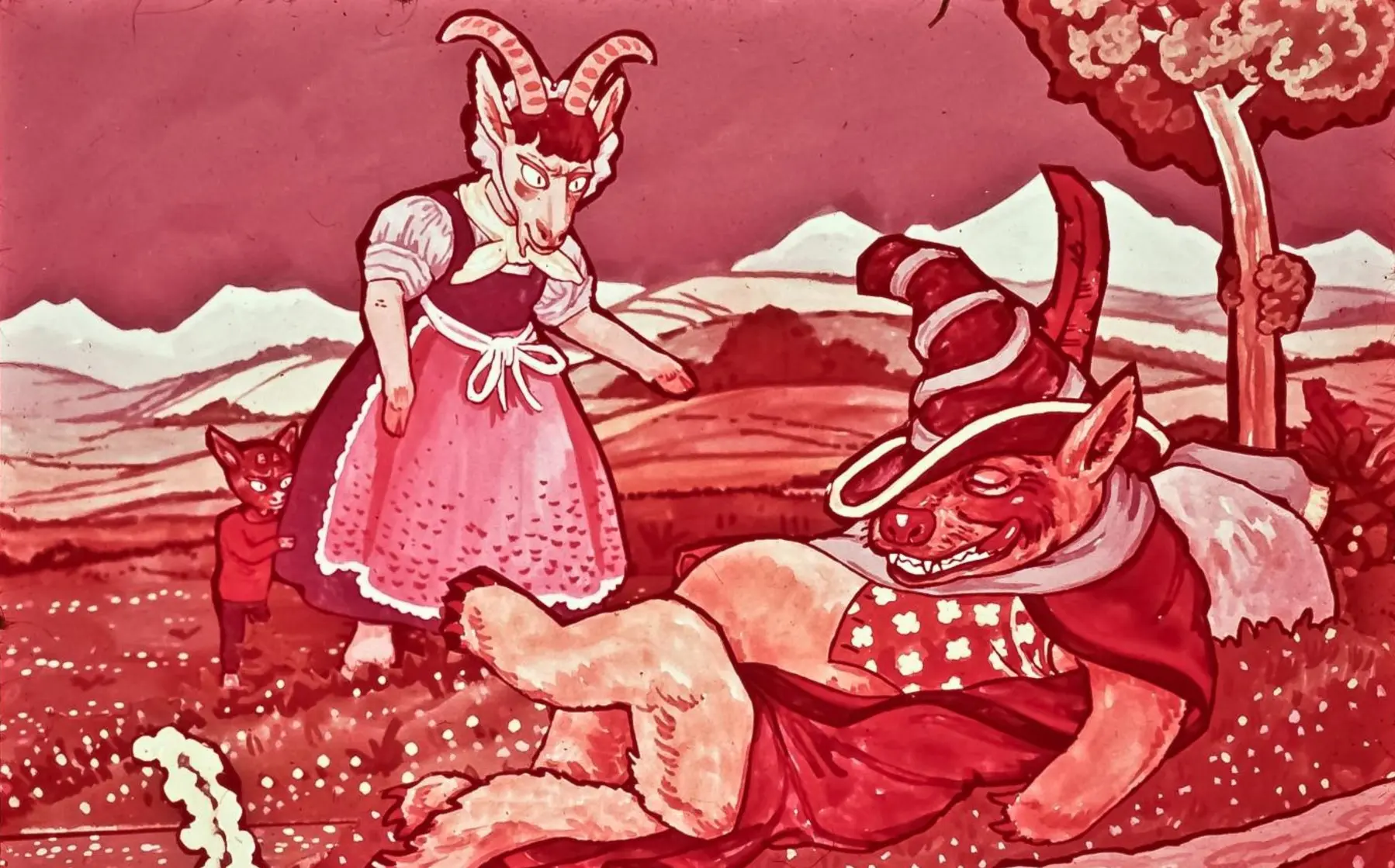 O scenă colorată cu personaje animate, inclusiv o figură cu coarne și o rochie roz, interacționând cu un alt personaj care poartă o pălărie vrăjitorească, într-un peisaj pastoral.