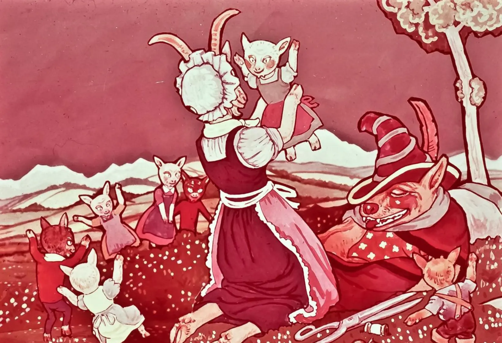 Ilustrație colorată cu personaje de basm, inclusiv o femeie care își ridică un copil capră în brațe, înconjurată de altele cu o pădure și munți în fundal.