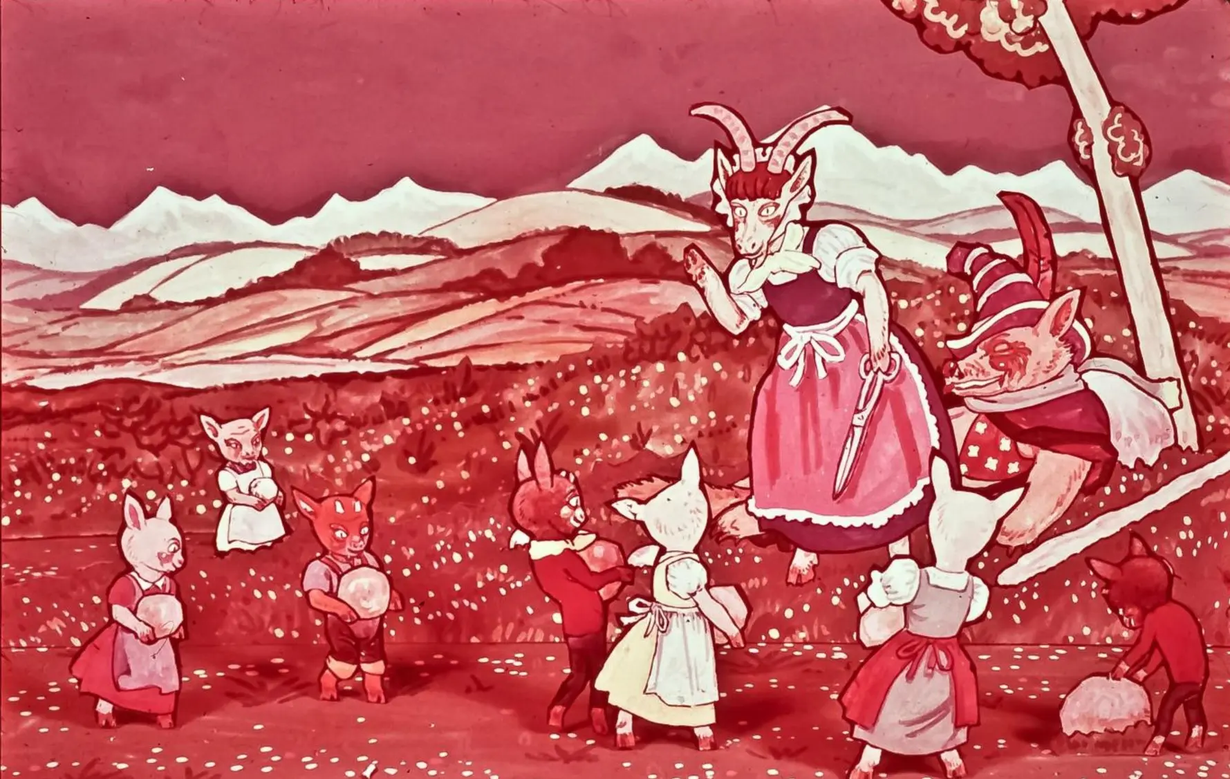 O ilustrație colorată care prezintă o scenă de desene animate cu personaje antropomorfe, inclusiv animale, pe un fundal natural de dealuri și munți.