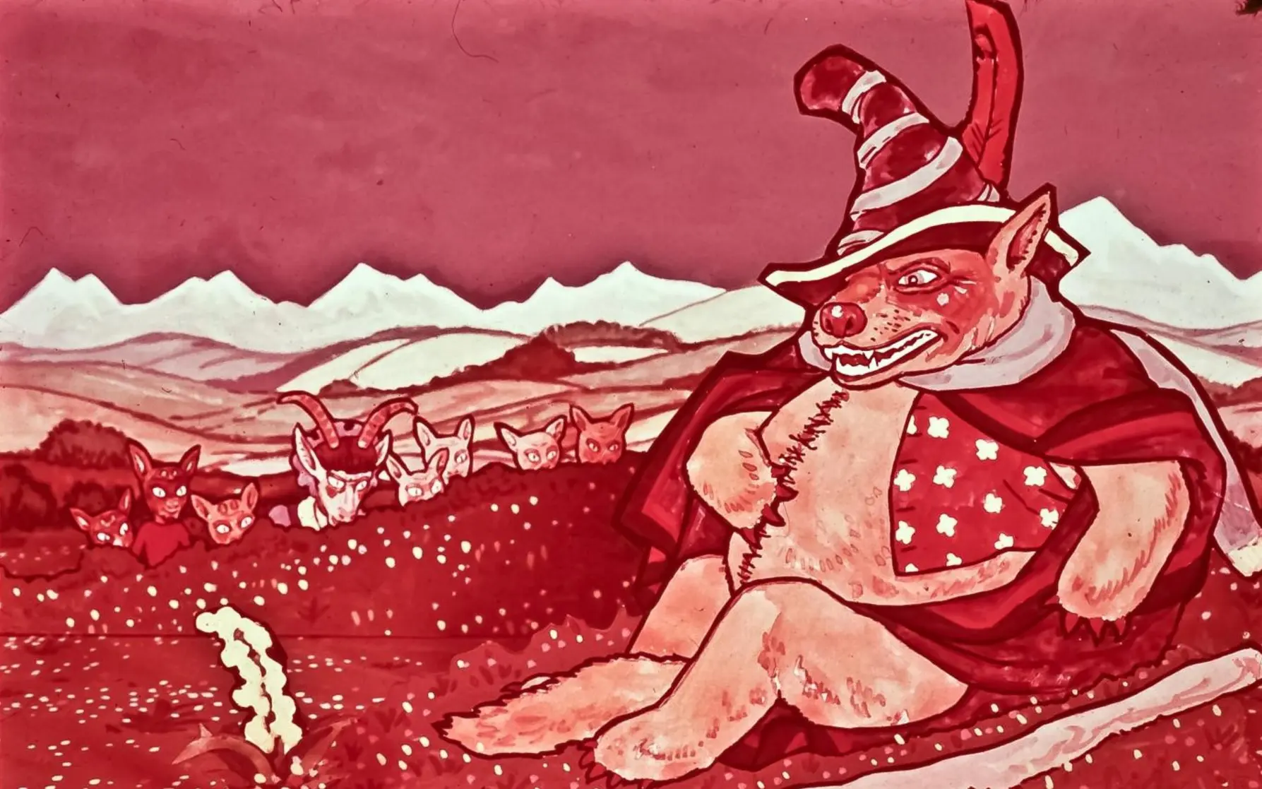 Ilustrație colorată cu un personaj supradimensionat purtând o pălărie, așezat pe iarbă, înconjurat de animale simpatice privind în direcția sa, cu un peisaj de munte în fundal.