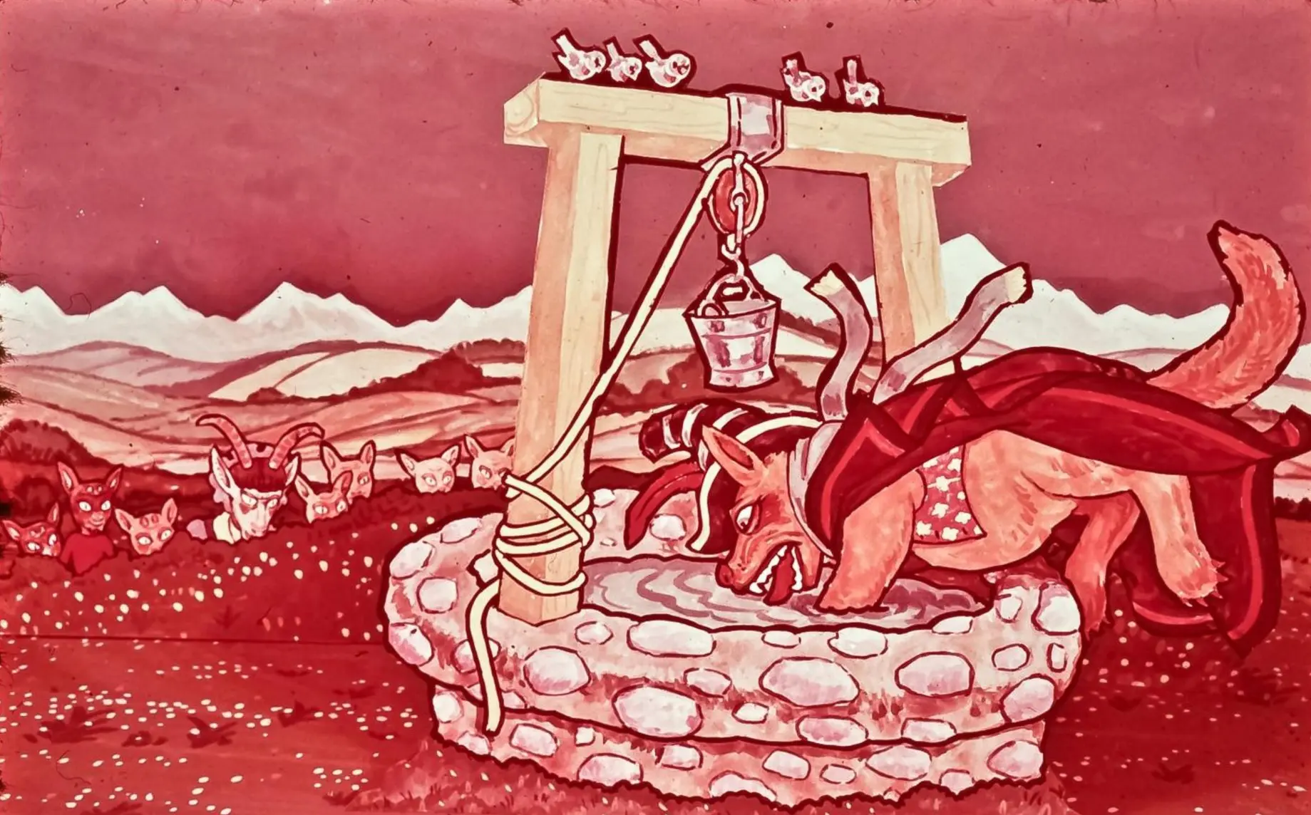 Ilustrație care arată un câine lângă o fântână, cu un fundal de peisaj montan și grupuri de vulpi în depărtare.