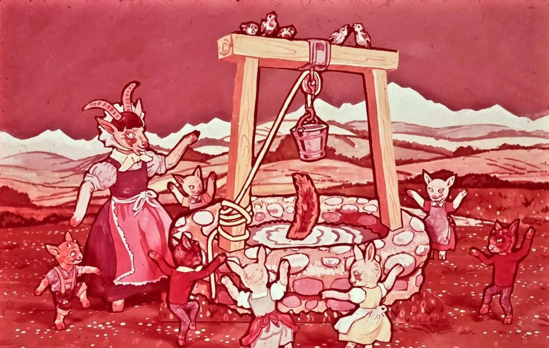 Ilustrație colorată cu personaje fantastice în jurul unei fântâni, incluzând o figură cu cap de capră îmbrăcată în rochie și mai multe personaje de desene animate care dansează.