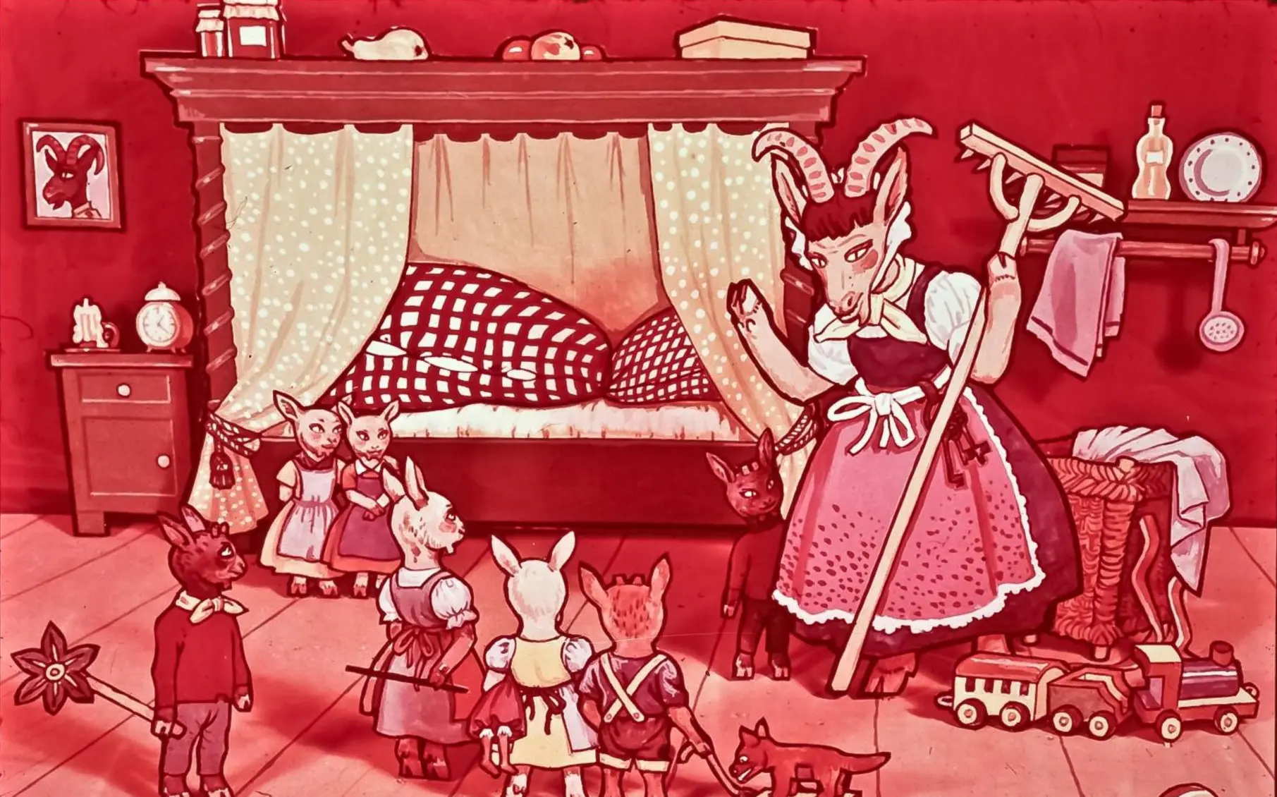 Ilustrație colorată cu un personaj principal feminin antropomorf cârtiță, îmbrăcat în rochie, îndrumând un grup de animale pe podeaua unei camere, cu un pat în fundal și obiecte de mobilier.