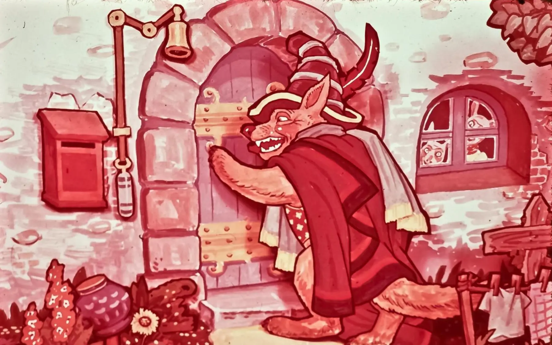 Ilustrație colorată a unui personaj antropomorf, un vârcolac îmbrăcat în haine tradiționale, bătând la o ușă de piatră, într-un decor medieval, cu o fereastră în fundal și elemente de peisaj rural.