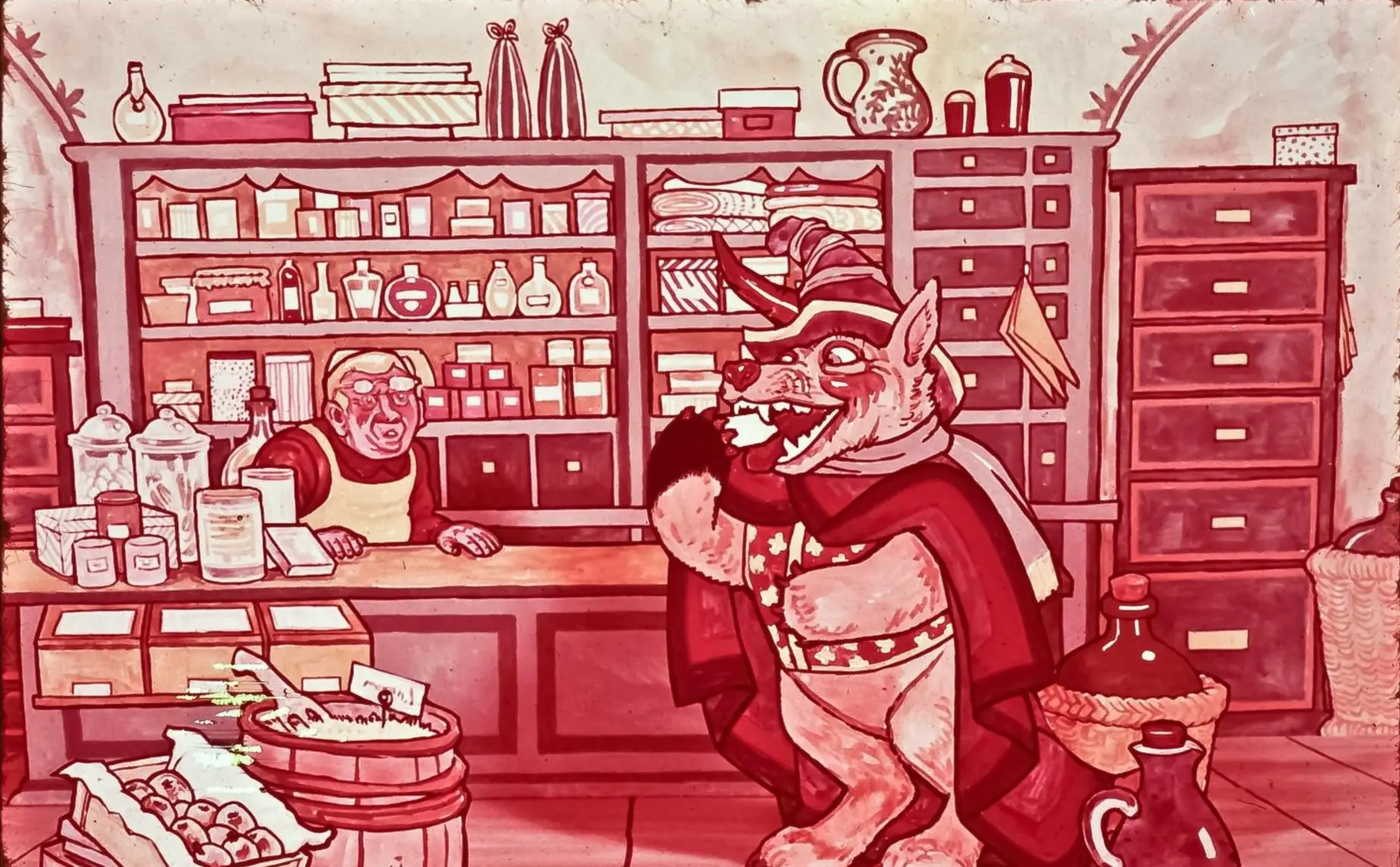 O ilustrație animată care prezintă un magazin cu un personaj animal purtând o mantie și o pălărie, interacționând cu un bătrân la tejghea.