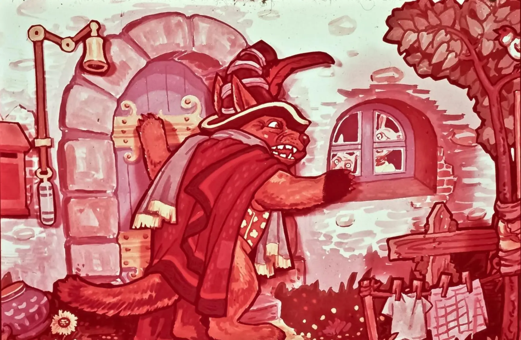 Ilustrație colorată cu un personaj asemănător unui vulpoi, îmbrăcat elegant, bătând la o ușă, în fața unei case pitorești.