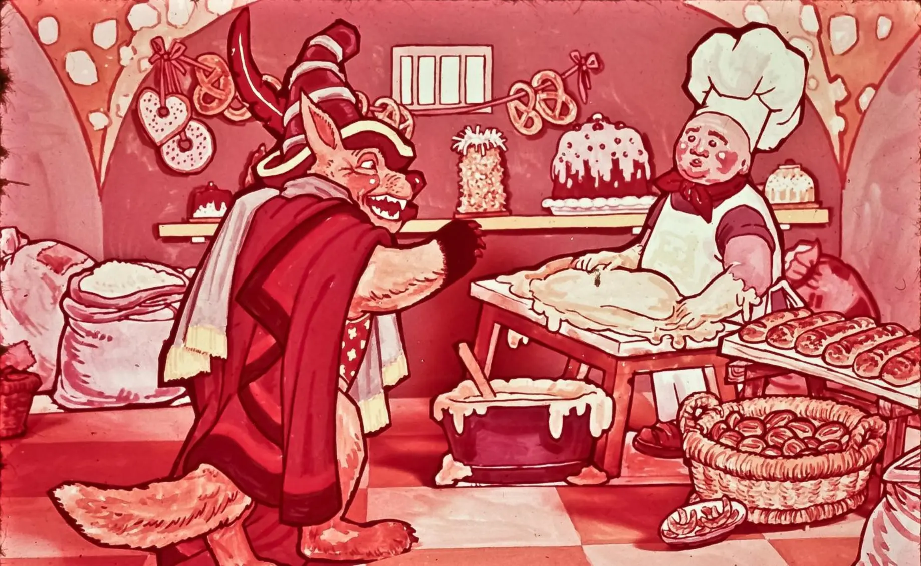 O scenă colorată dintr-o patiserie animată, cu un personaj fioros îmbrăcat și un bucătar, înconjurați de diverse produse de patiserie.