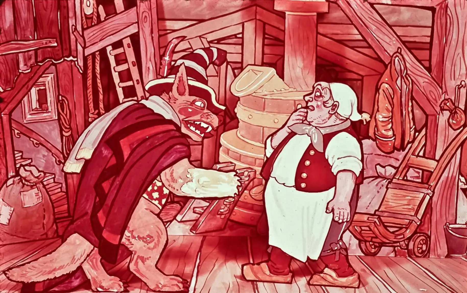 O scenă animată cu un personaj canin îmbrăcat în haine de magie și un om care poartă o cămașă și o bonetă, stând într-un interior plin de unelte și saci.