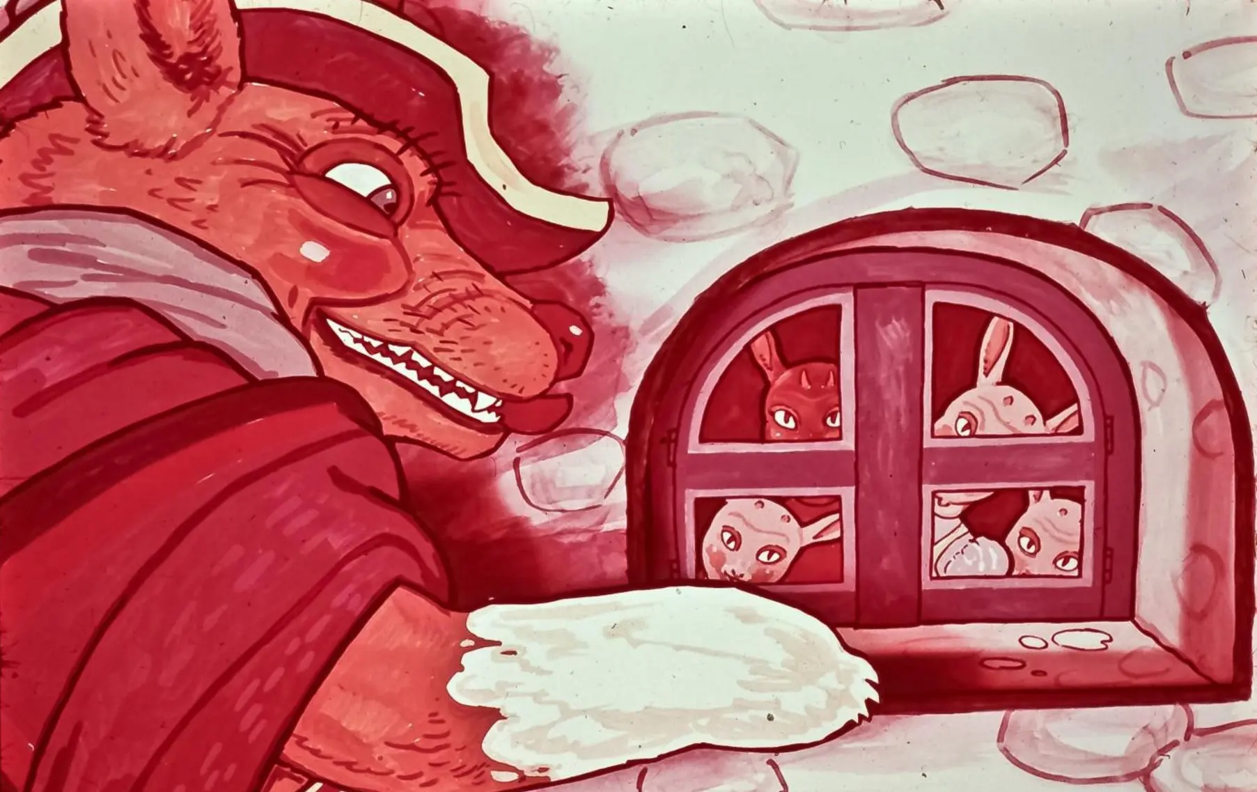 Ilustrație colorată cu un personaj animat privind printr-o fereastră. Personajul are trăsături de lup și poartă o mantie, iar la fereastră se văd mai multe animale care privesc în interior.