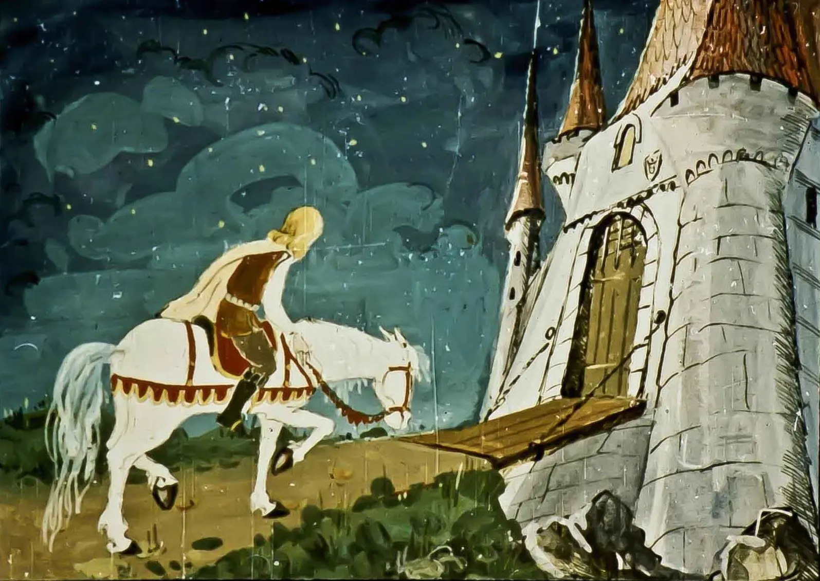 Ilustrație cu un cavaler pe un cal alb care se apropie de un castel, întrebând cine bate la poartă.