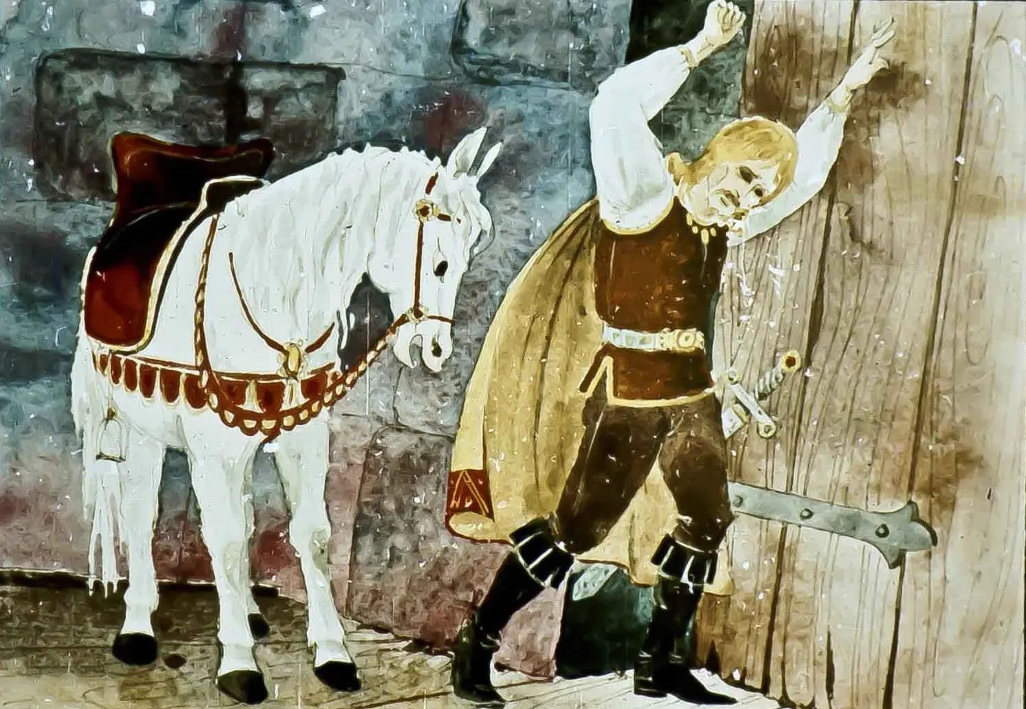 O scenă artistică cu un bărbat în costumul medieval care lovește o ușă, însoțit de un cal alb. Textul de sub imagine prezintă un dialog.