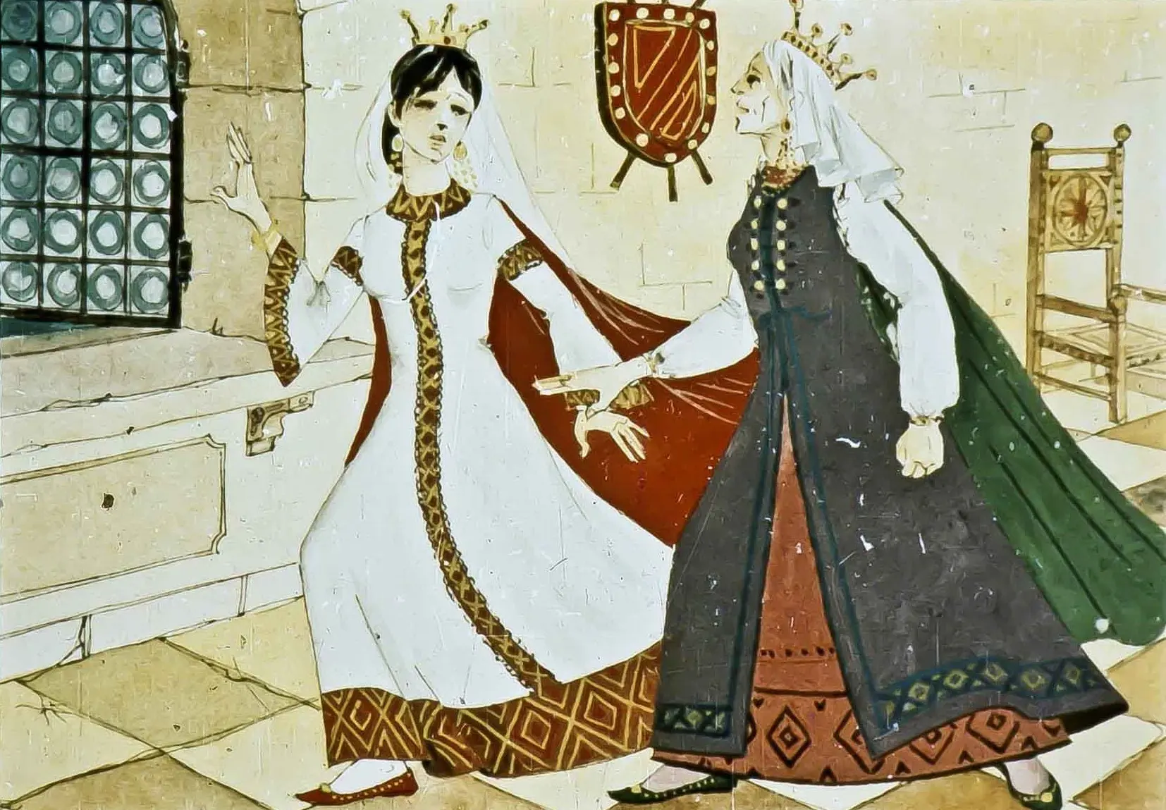 Ilustrație cu două femei îmbrăcate în costume tradiționale, una stând la fereastră și cealaltă adresându-i o întrebare.