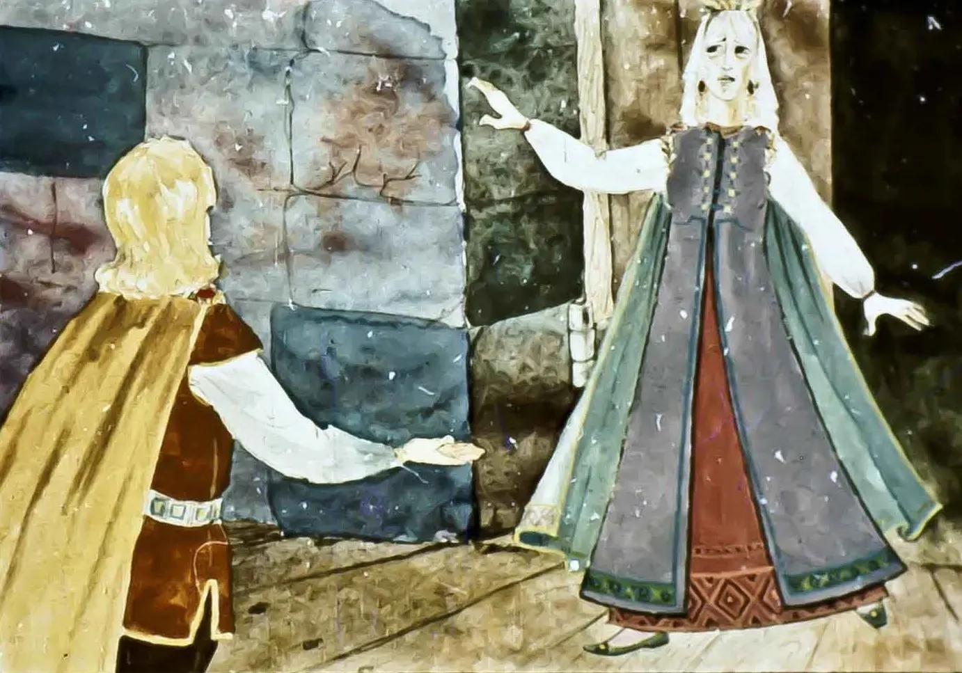 Scenă cu două personaje, unul adresându-se celuilalt, exprimând emoții intense.