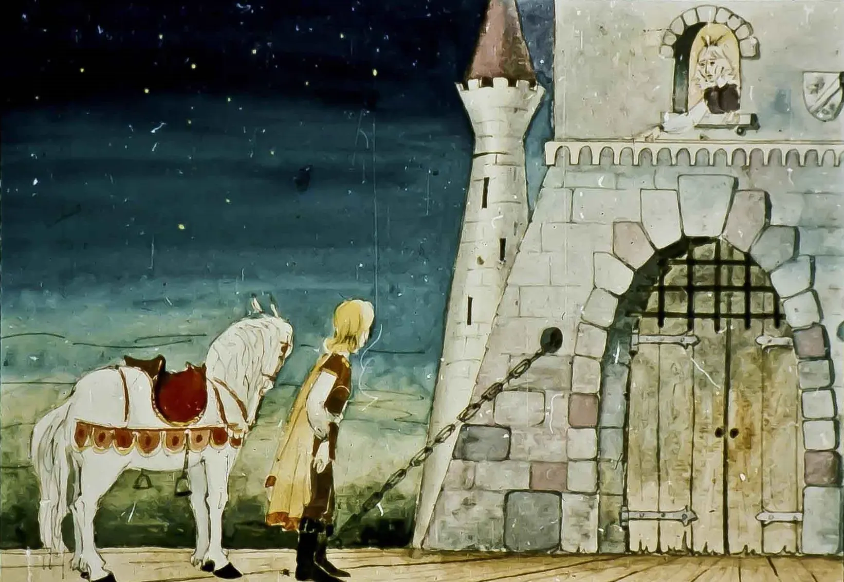 Imagine de o poveste animată cu un cavaler, un cal și un castel pe fundal, care evocă teme de război și sacrificiu.