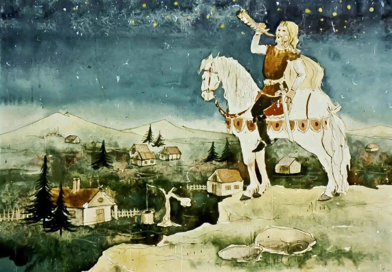 Imagine colorată cu Ștefan călare pe un cal, ținând un corn, pe fundalul unei peisaje rurale cu case și munți.