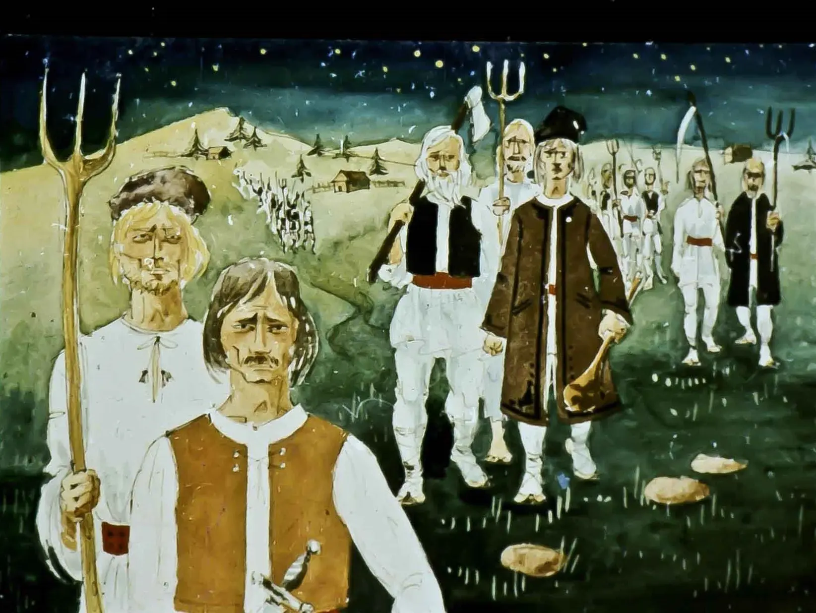 Ilustrație care reprezintă o adunare de oameni în timpul nopții, pe un peisaj rural, cu un mesaj în partea de jos privind o oaste zdrobită.