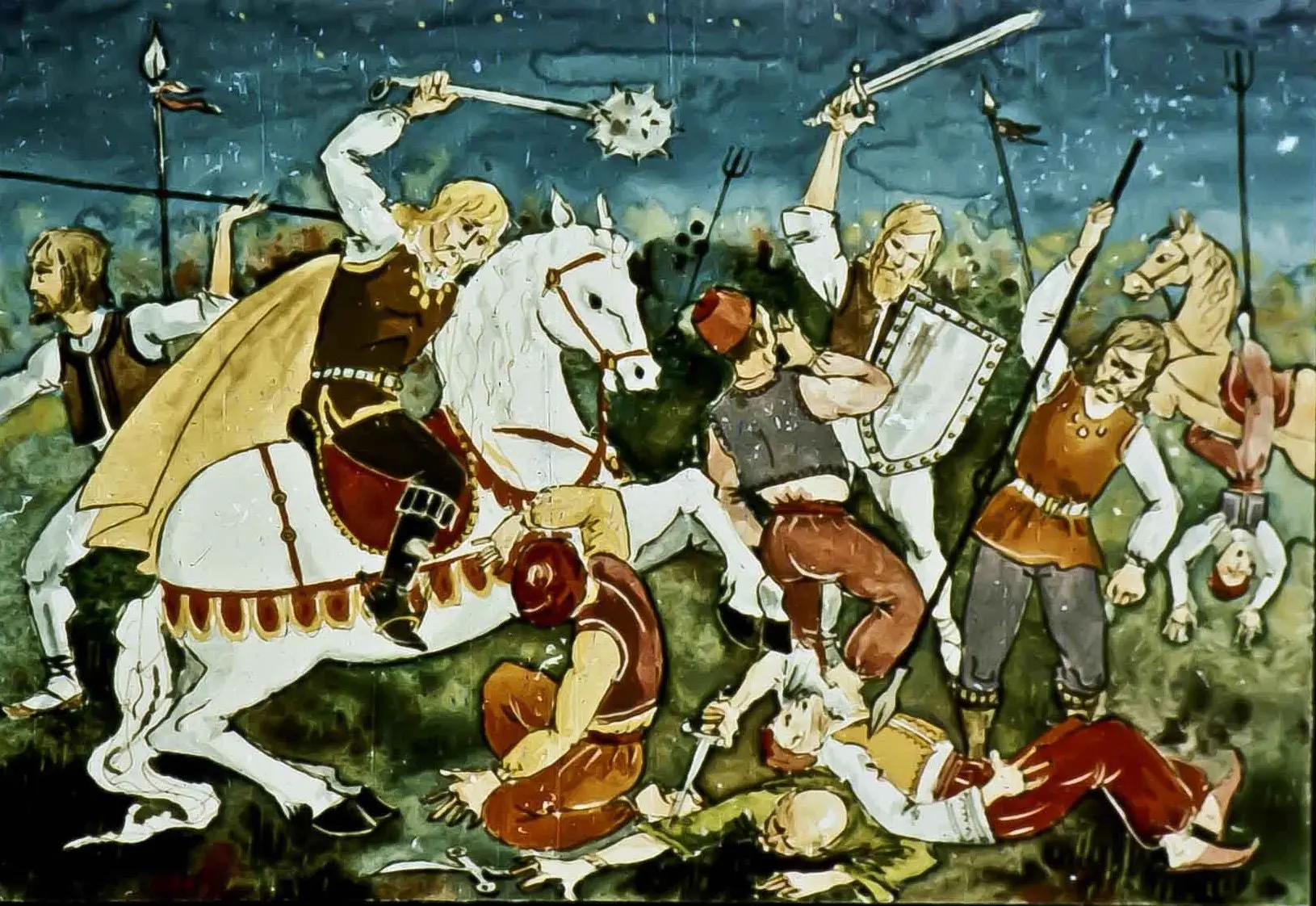 Ilustrație care reprezintă o bătălie, cu soldați în luptă și un cavaler pe un cal.