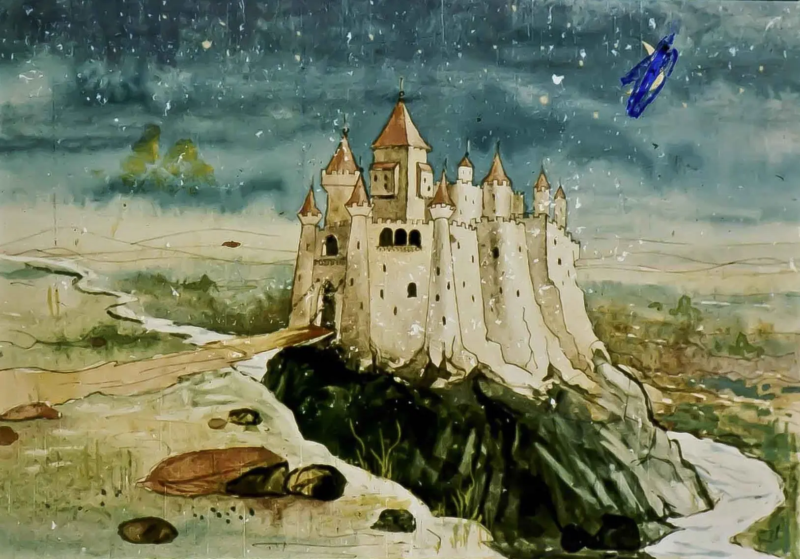 Imagine artistică a unui castel vechi construit pe o stâncă, cu un râu mic curgând în vale.