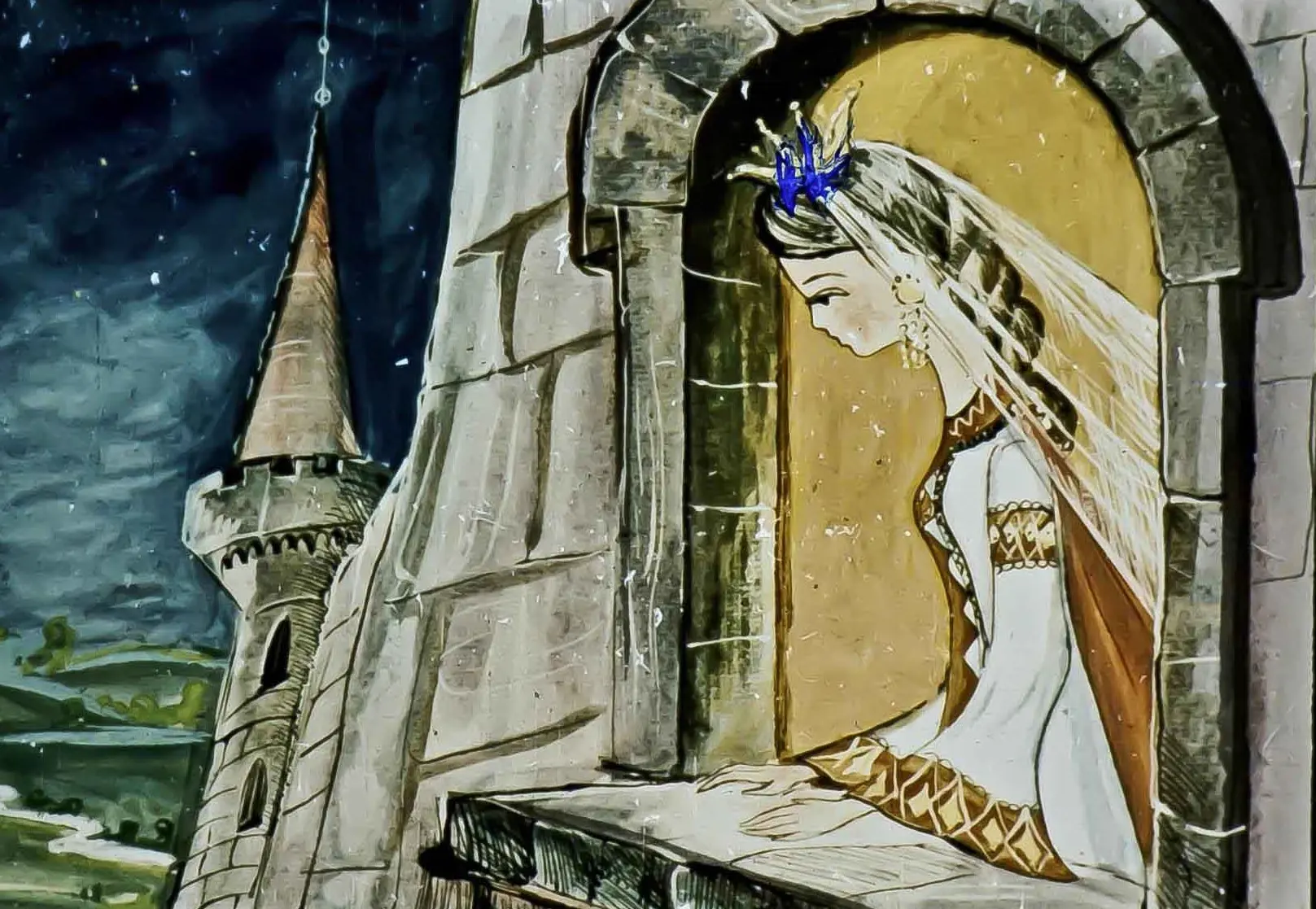 O ilustrație cu o tânără domniță care plânge la fereastră, cu un castel în fundal.