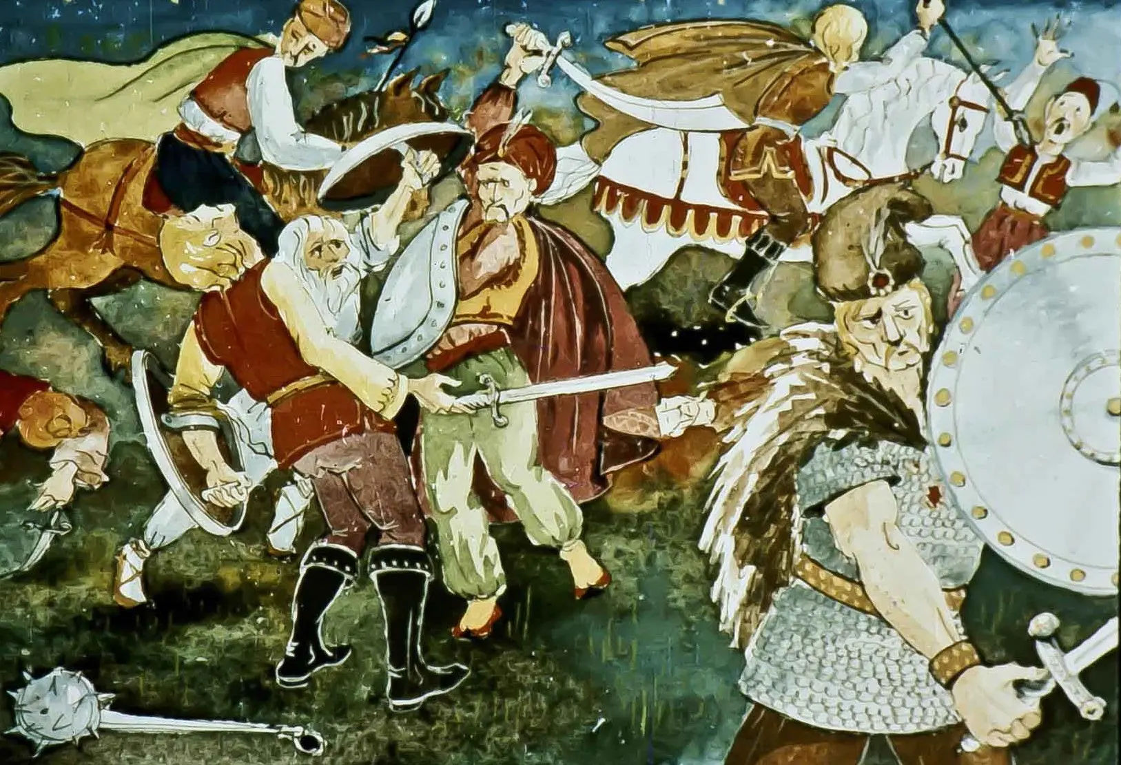 Ilustrație care reprezintă o scenă de luptă, cu personaje îmbrăcate în costume tradiționale.