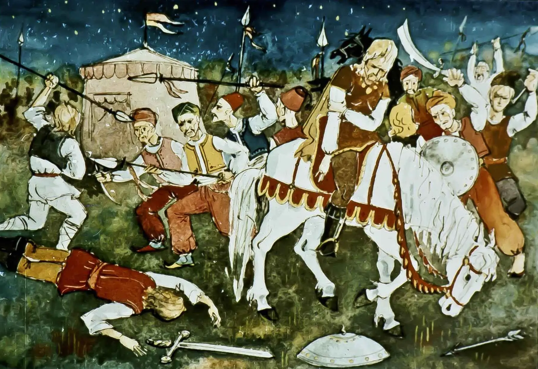 Imagine reprezentând o scenă animată cu soldați și un căpitan pe un cal, cu un fundal de noapte și un cort, ilustrarea evocând o poveste istorică.