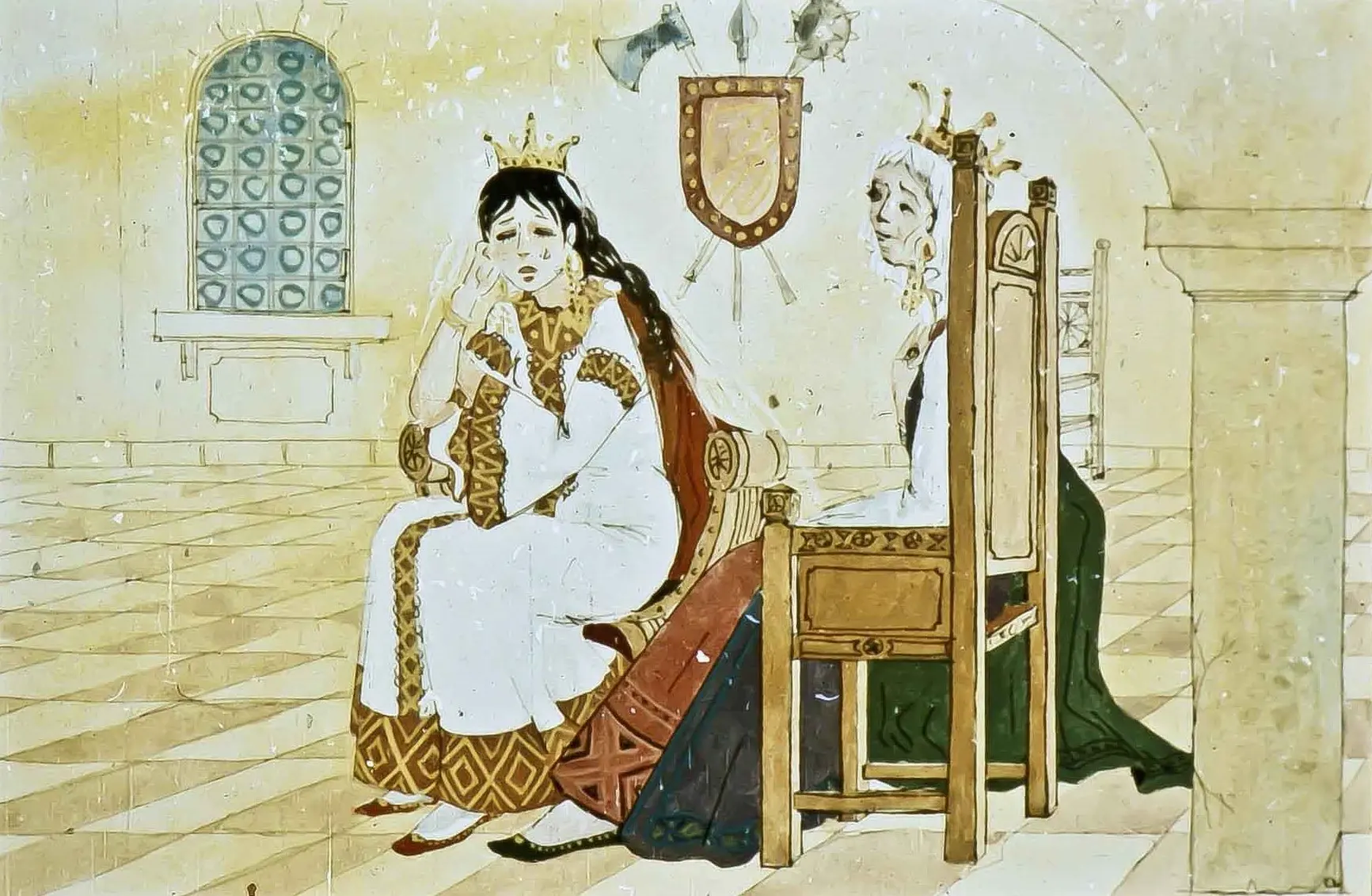 Un tablou cu două femei, una așezată pe un scaun, iar cealaltă lângă ea, evidențiind o atmosferă de susținere și încurajare.