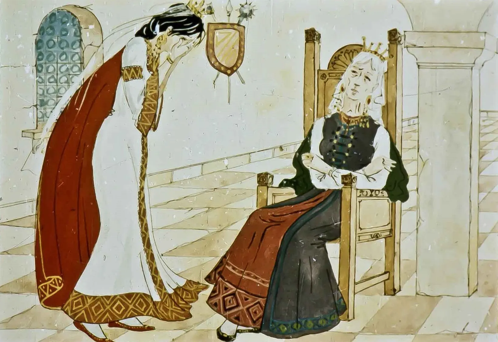 Ilustrație cu o femeie îmbrăcată în rochie lungă, aplecată, și un bărbat în scaun, reprezentând o scenă de poveste.