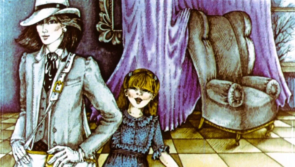 O ilustrație cu un bărbat îmbrăcat elegant și o fată lângă el, într-un interior cu un fotoliu și draperii violet.