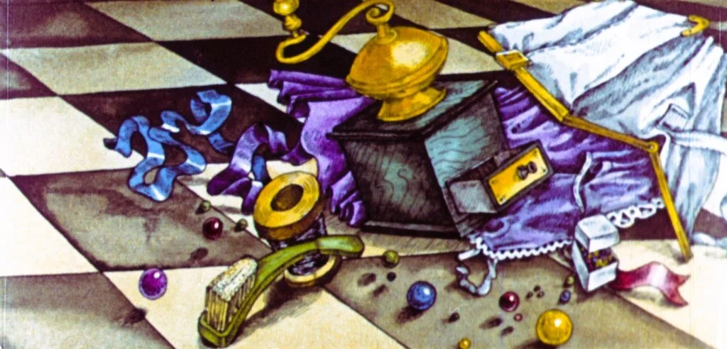 O ilustrație cu un cuptor de cafea galben, așezat pe un podea cu carouri, înconjurat de diverse obiecte colorate, inclusiv panglici, mărgele și o cutie albă.