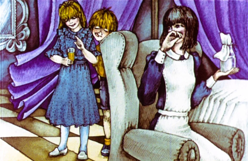 Ilustrație cu două fete și o femeie în cameră, una din fete ține un pahar, iar cealaltă observă. Femeia pare să aibă un gest de surpriză.