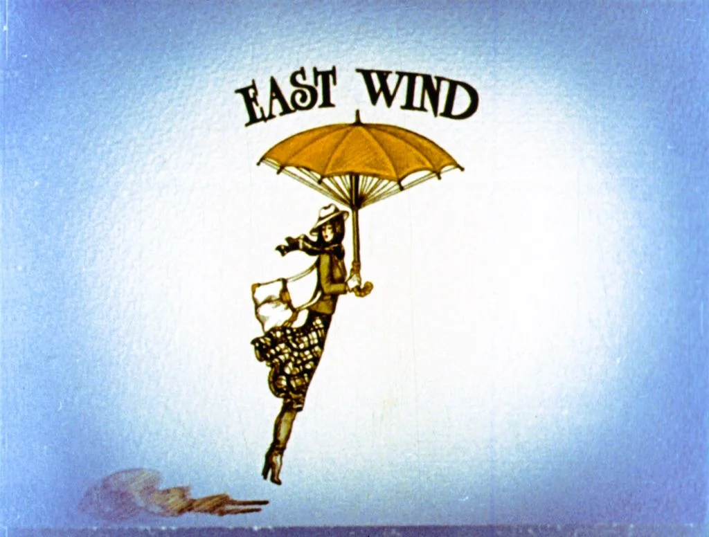 O ilustrație cu un personaj feminin care ține o umbrelă galbenă, în timp ce plutește deasupra unui peisaj.