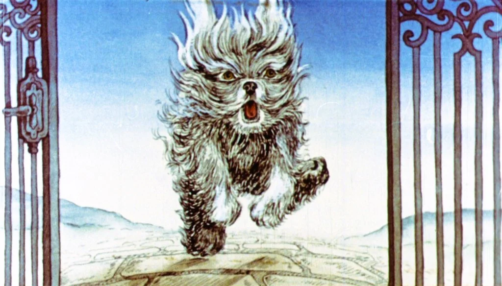 Ilustrație a unui câine cu blană pufoasă care aleargă printr-o poartă, într-un peisaj deschis.