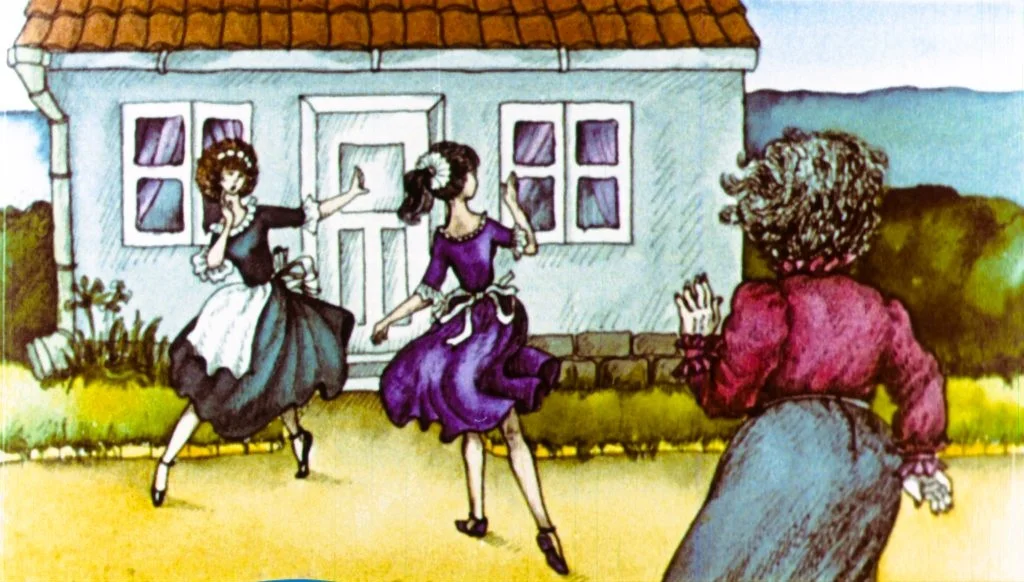 Ilustrare a trei femei în rochii colorate, dansând în fața unei case, cu o femeie mai în vârstă privind din spate.