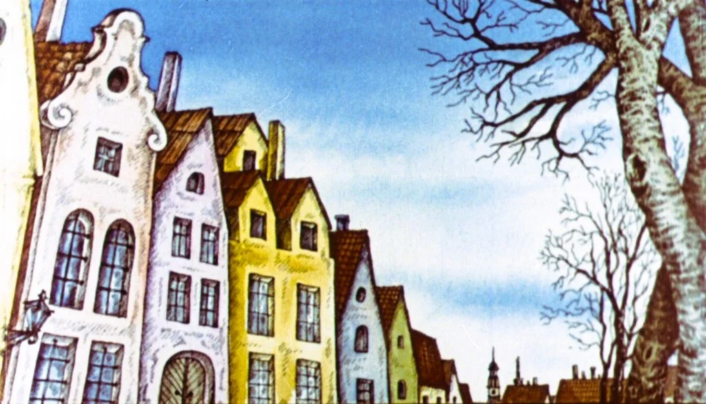 Pictură vibrantă a unei străzi cu case colorate, având un cer albastru și un copac fără frunze în prim-plan.