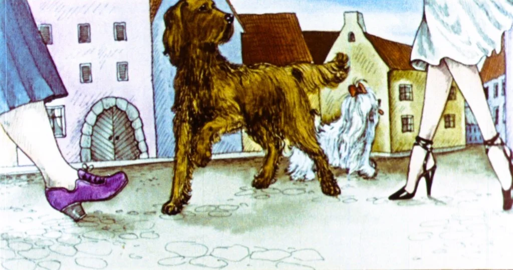 Ilustrație cu un câine pe stradă, alături de două persoane care merg, una purtând pantofi cu toc și cealaltă cu pantofi colorați.