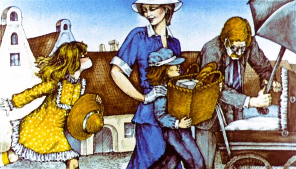 Ilustrație colorată cu o femeie care poartă o pălărie albă și un costum albastru, ținându-se de mână cu o fetiță îmbrăcată într-o rochie galbenă cu buline, în timp ce alta, îmbrăcată în albastru, transportă un coș. Un bărbat cu ochelari împinge un cărucior.