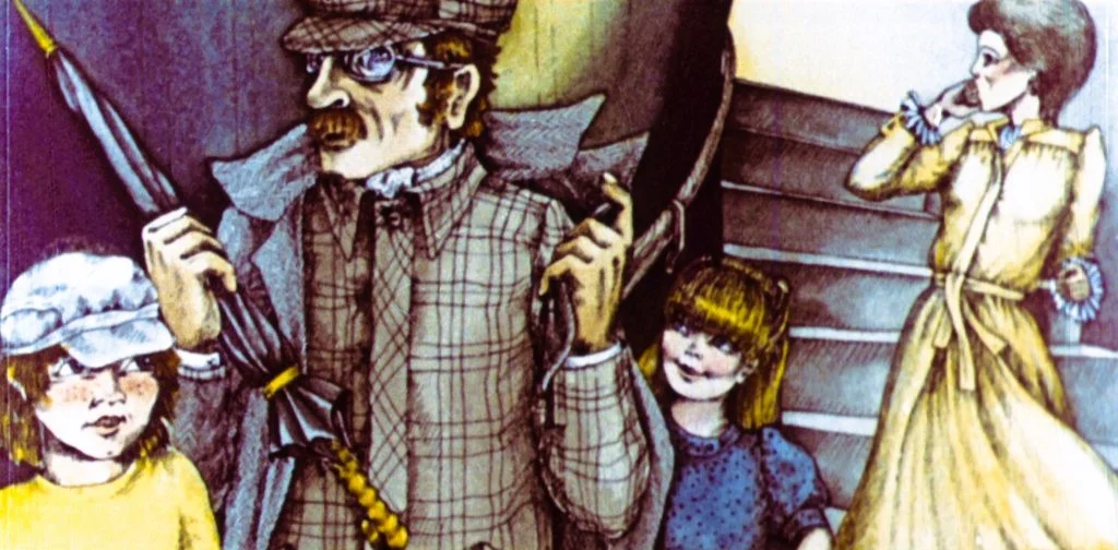 Ilustrație cu un bărbat îmbrăcat în carouri, purtând umbrela și însoțit de două fete, una dintre ele îmbrăcată sport iar cealaltă într-o rochie elegantă, în timp ce o femeie în rochie galbenă se află la scară.