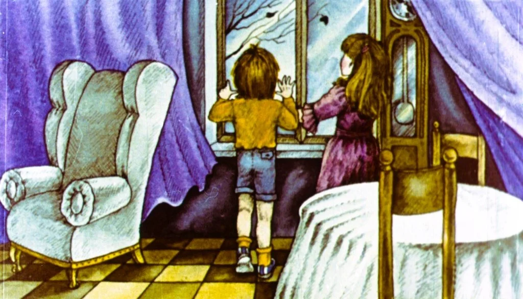 Ilustrație cu doi copii privind pe fereastră, în interiorul unei camere mobilate cu un fotoliu, o masă și un pat.