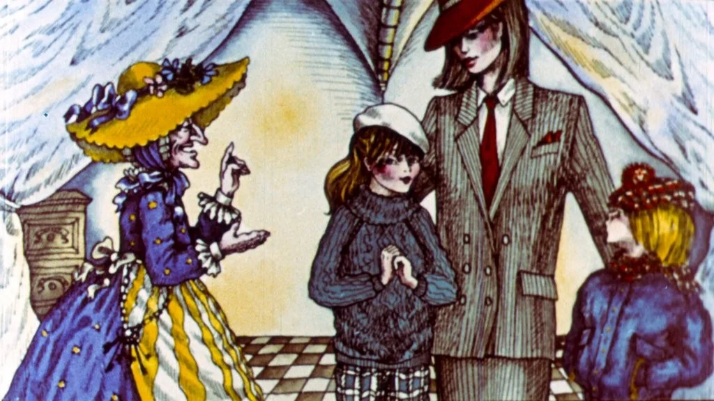 Ilustrație colorată cu patru personaje: o femeie în rochie cu dungi albastre și galbene, o tânără cu pulover gri și pălărie albă, un bărbat îmbrăcat la costum și un copil mic. Fundalul are un decor simplu cu draperii.