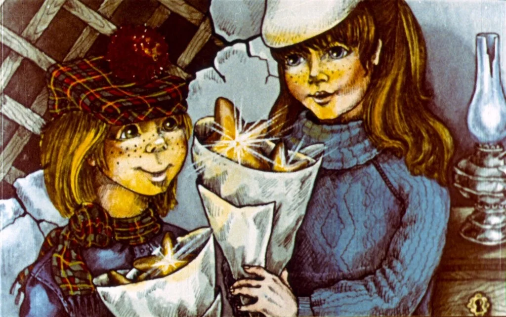 Ilustratie cu doi copii care țin buchete de flori strălucitoare, într-un decor de iarnă.