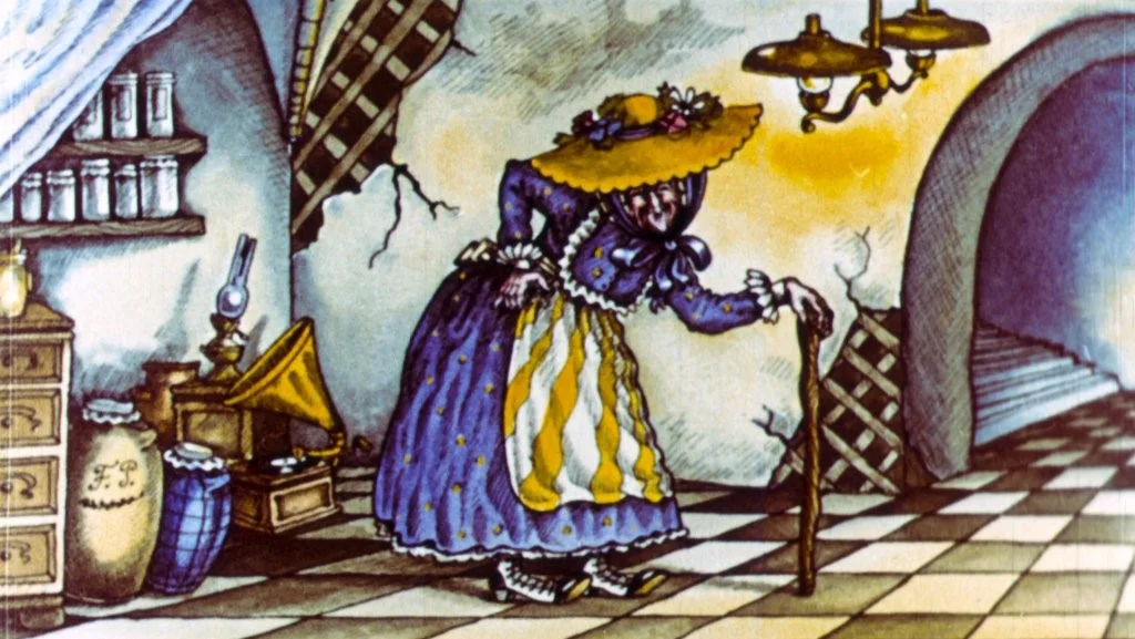 O ilustrație colorată a unei femei îmbrăcate în rochie mov cu dungi albe și galbene, purtând o pălărie mare. Ea se sprijină de un baston și se află într-o cameră cu pereți crăpați, cu obiecte de mobilier și un gramofon în apropiere.