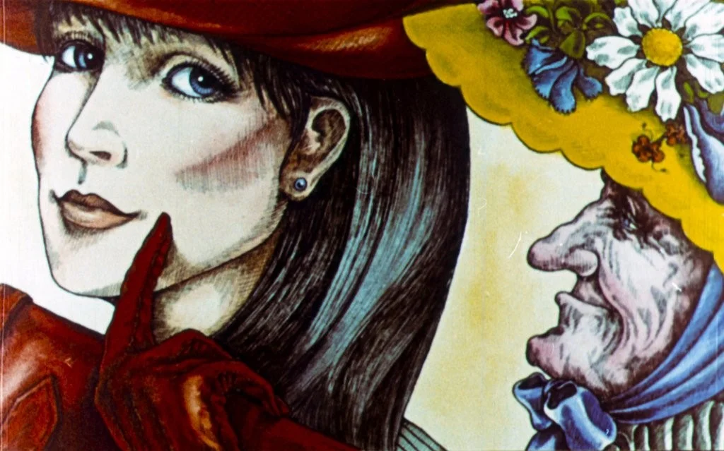 Ilustrație cu o femeie tânără poartă o pălărie roșie, făcând un semn de tăcere, în timp ce o bătrână cu o pălărie decorată cu flori o observă.