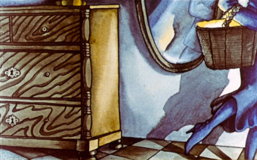 O pictură care arată un dulap și o persoană purtând un coș, reflectată într-o oglindă.