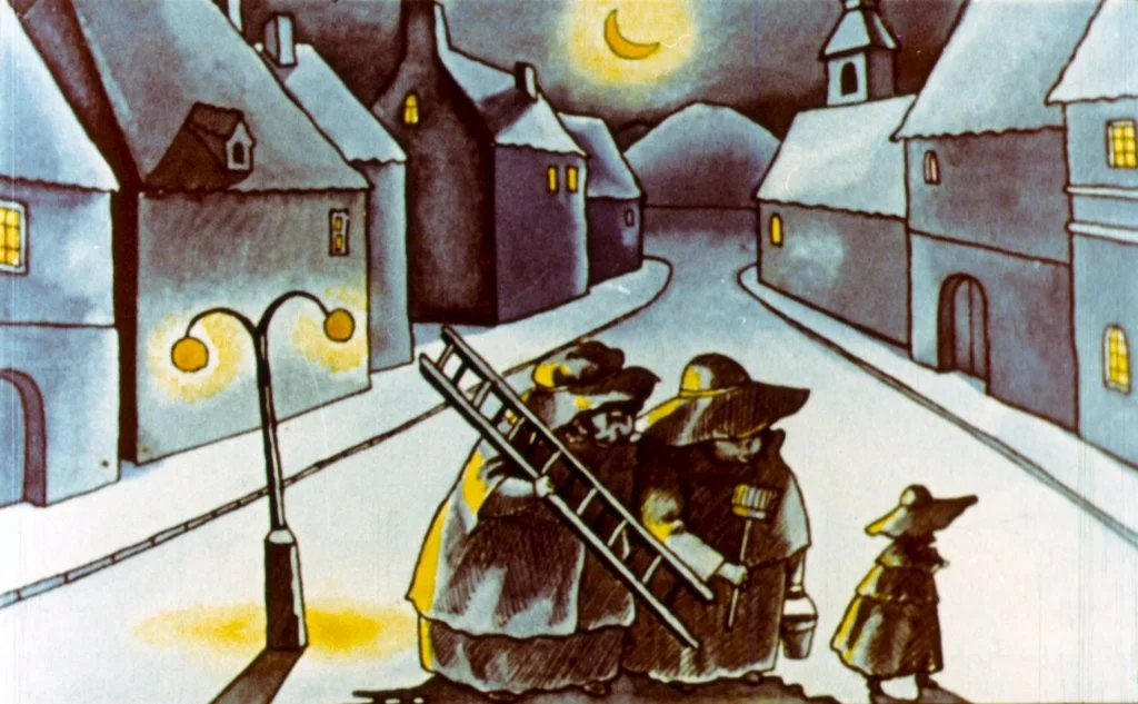 Ilustrație nocturnă cu o scenă de stradă liniștită, trei personaje în haine de epocă discutând, cu o scară lângă ei și un copilaș observând. Luna strălucește pe cer, iar clădirile au feronerie iluminată.