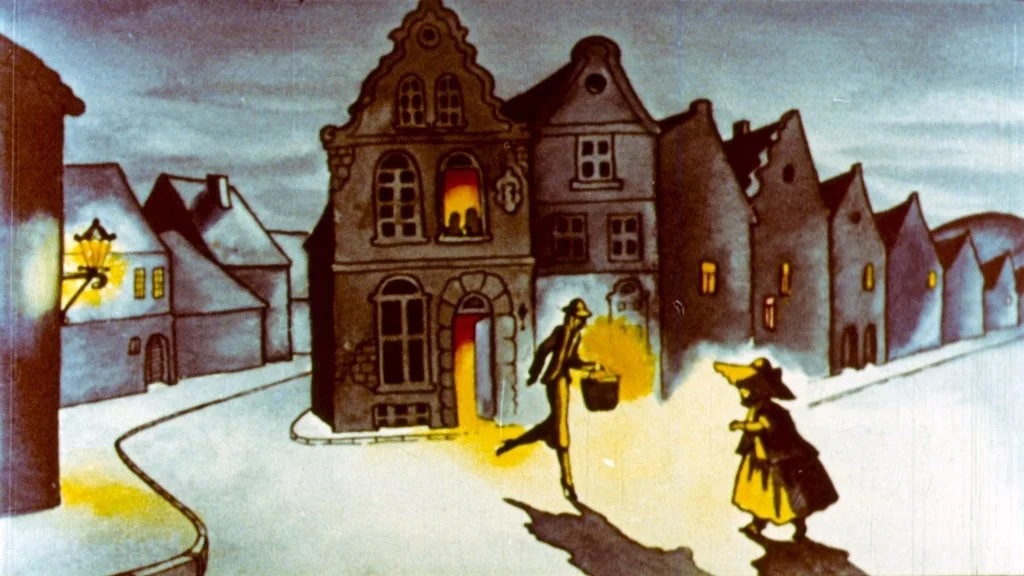 Ilustrație în tonuri de gri și galben, representând un peisaj urban cu case, o stradă și două personaje, unul cu o lampă și altul cu un recipient, vag iluminati de lumina stradală.