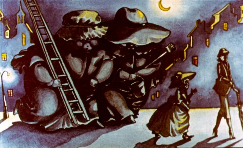 Ilustrație artistică cu personaje misterioase, seara, înconjurate de o atmosferă de oraș nocturn, cu o lună vizibilă pe cer.