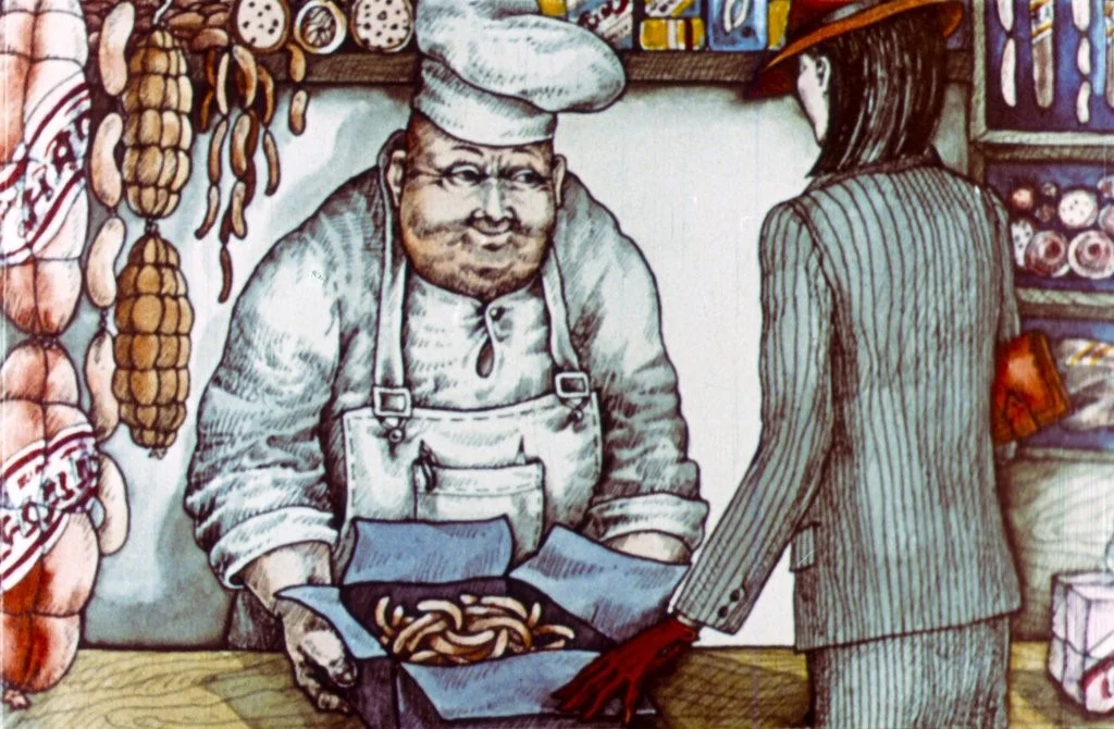 Ilustrație cu un măcelar care oferă o cutie cu cârnați unei cliente îmbrăcate în costum, într-un magazin cu produse din carne și carne preparată.